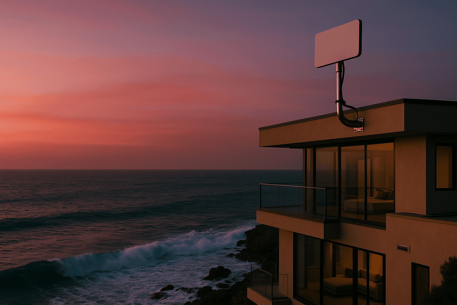 Starlink dish on a marine-grade stainless mount atop a Newport Beach coastal home with the Pacific visible in the background at dusk