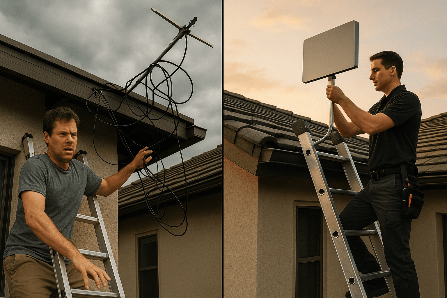 Split scene of a homeowner on a ladder with a Starlink kit on one side and a professional installer on a roof with safety gear on the other