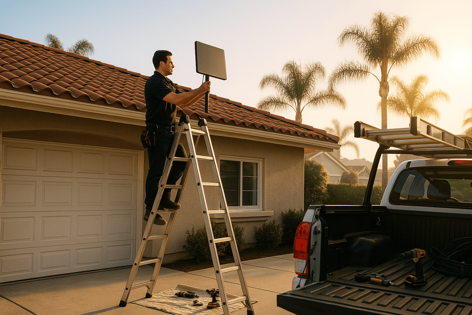 Installer on a pitched Orange County rooftop securing a Starlink dish mount with a clear dusk sky in the background