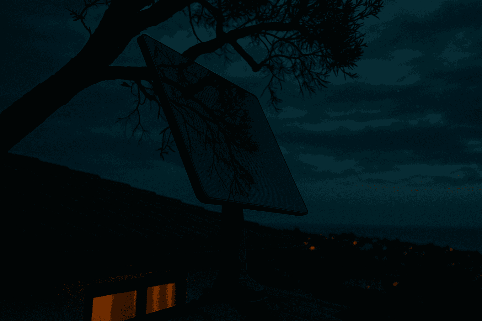 Starlink app showing an obstruction alert and a blocked sky arc over a tree, with a technician diagnosing the issue