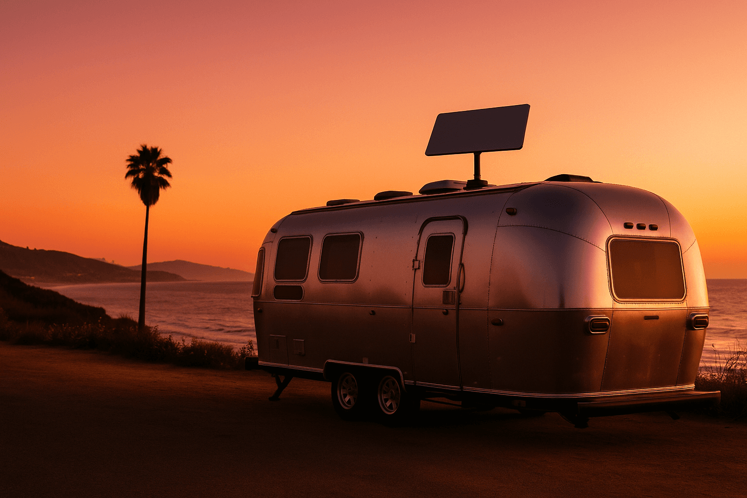 Starlink dish mounted on the arch of a cruising boat docked in Newport Harbor at dusk